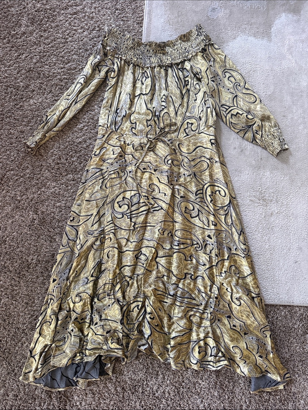 Silk Yellow Paisley Off-Shoulder Maxi Dress with Smocked Neckline